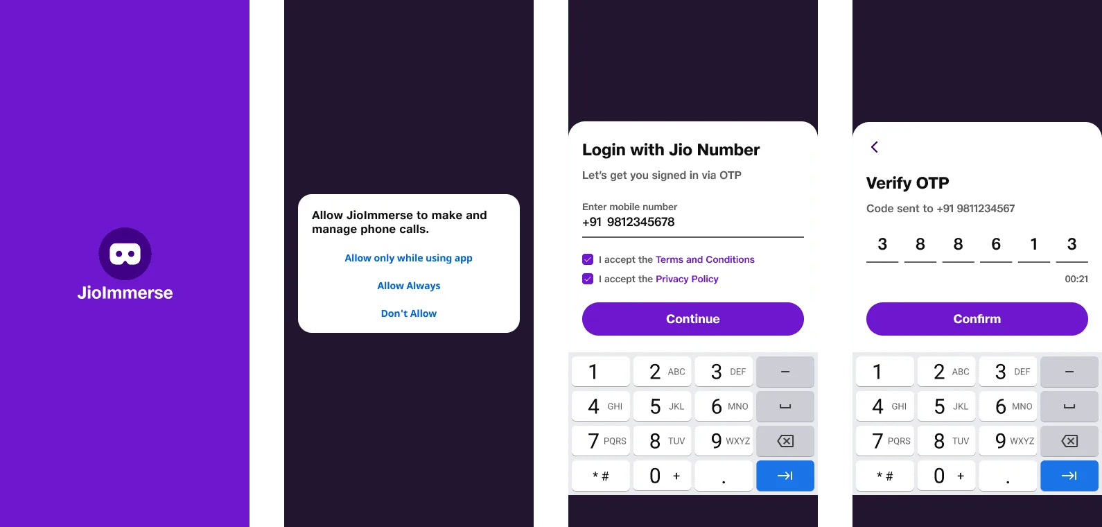 JioImmerse splash, permission and Jio number login screens