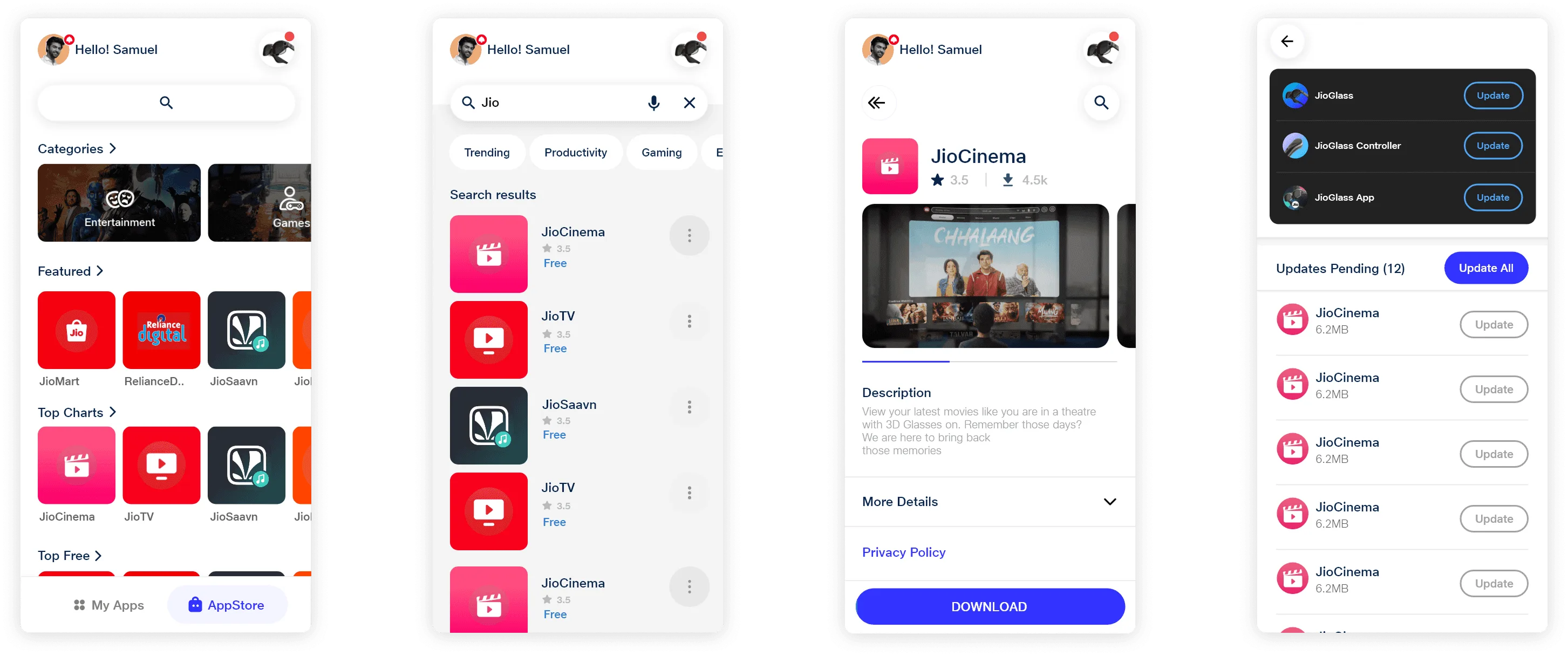 App store screens: browse, search, app detail and updates