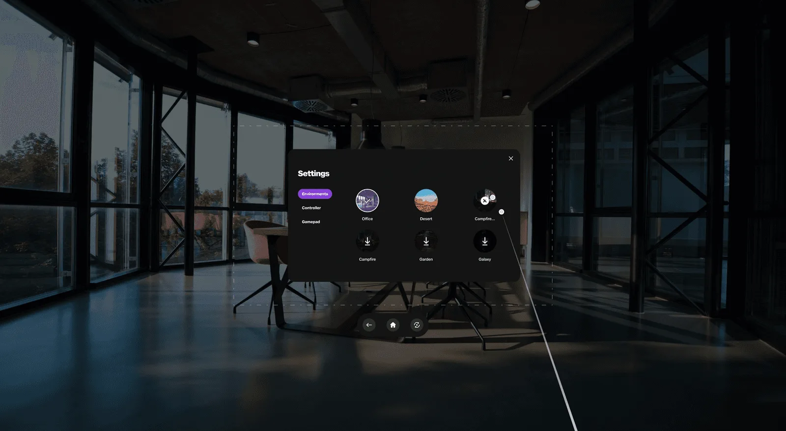 A settings panel floating in the room