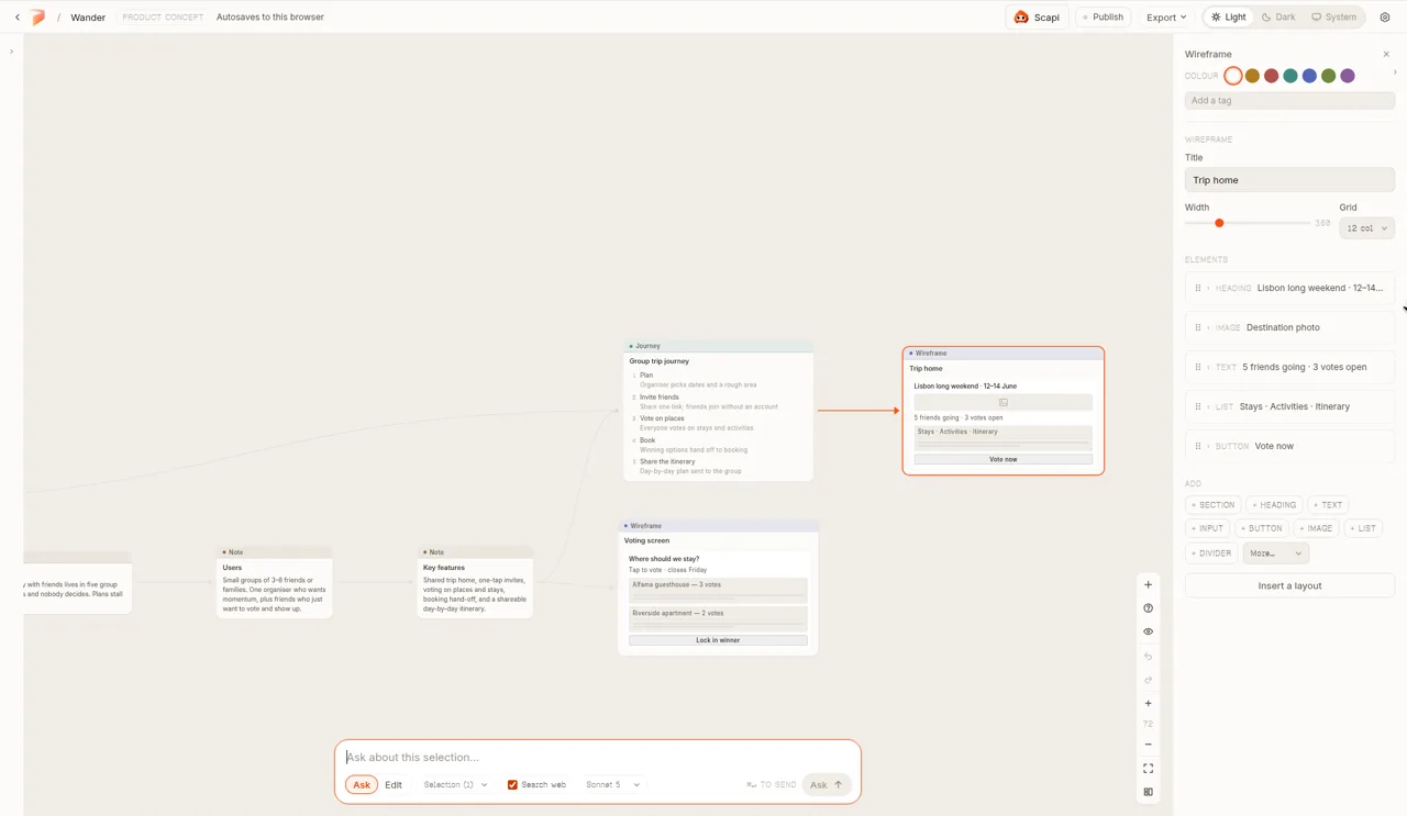 The Ask and Edit composer open on the selected Trip home wireframe, with nothing sent.