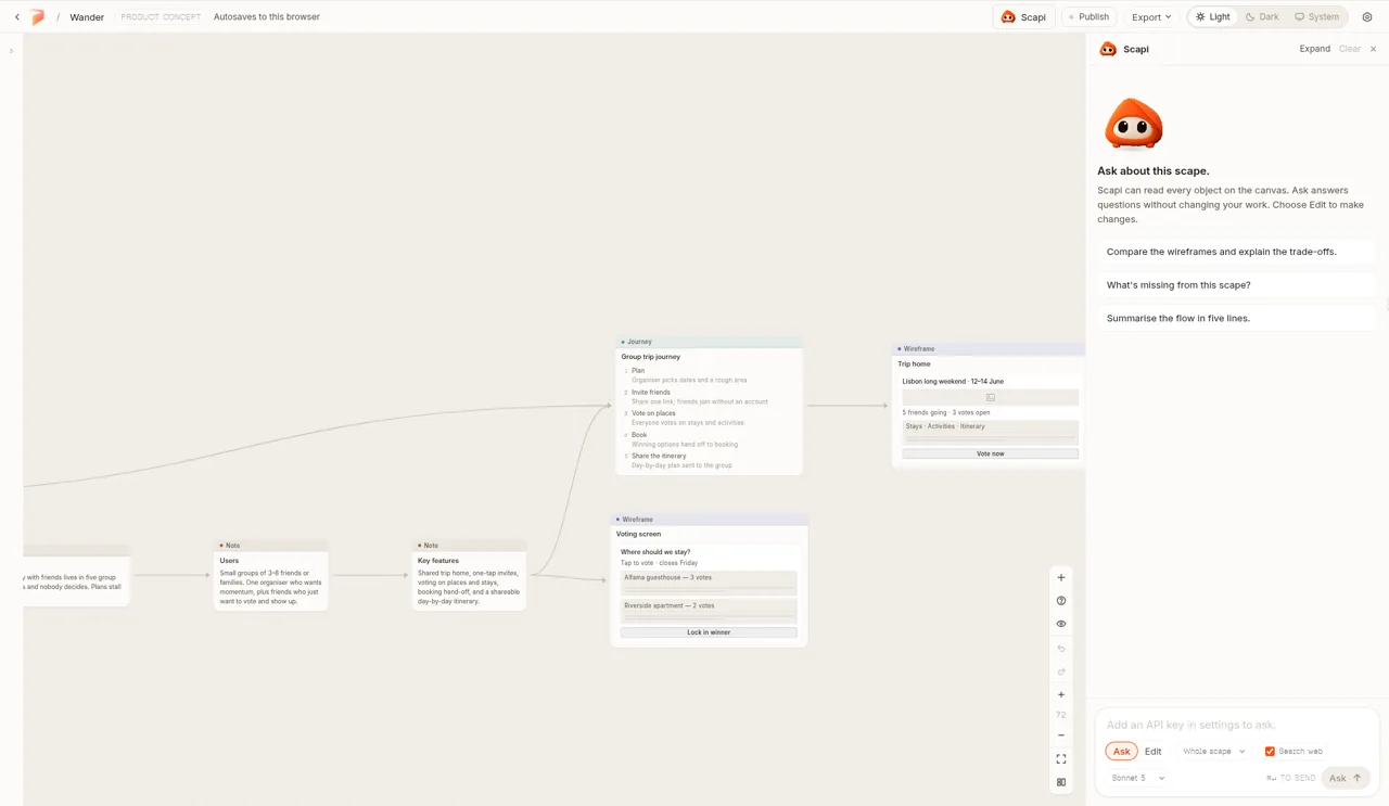The Scapi chat panel open on the Wander canvas, with the Scapi character and suggested questions. Nothing has been sent.