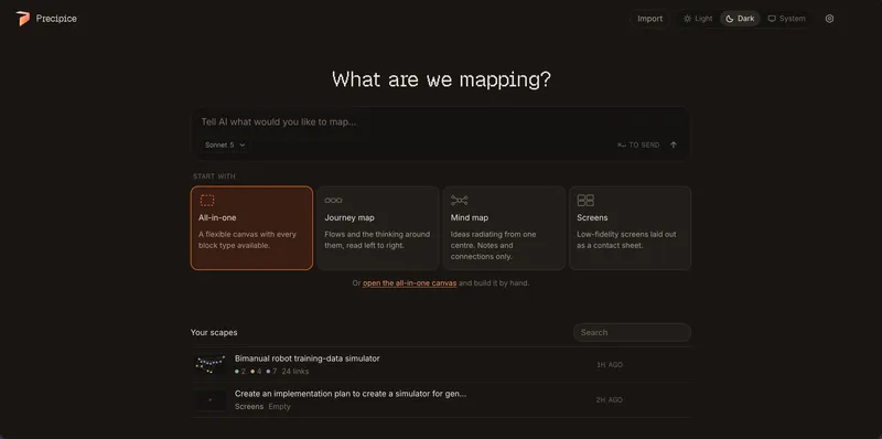 Precipice home screen with a prompt composer, templates and a library of scapes.