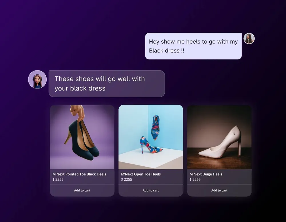 Manifest recommending three M'Next heel cards, each priced, with add to cart.