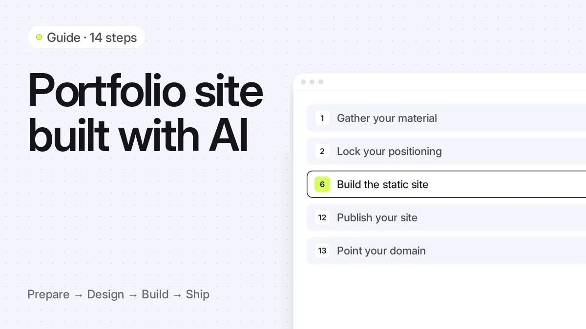List of guide steps for building a portfolio website with AI, from gathering material to pointing your domain.